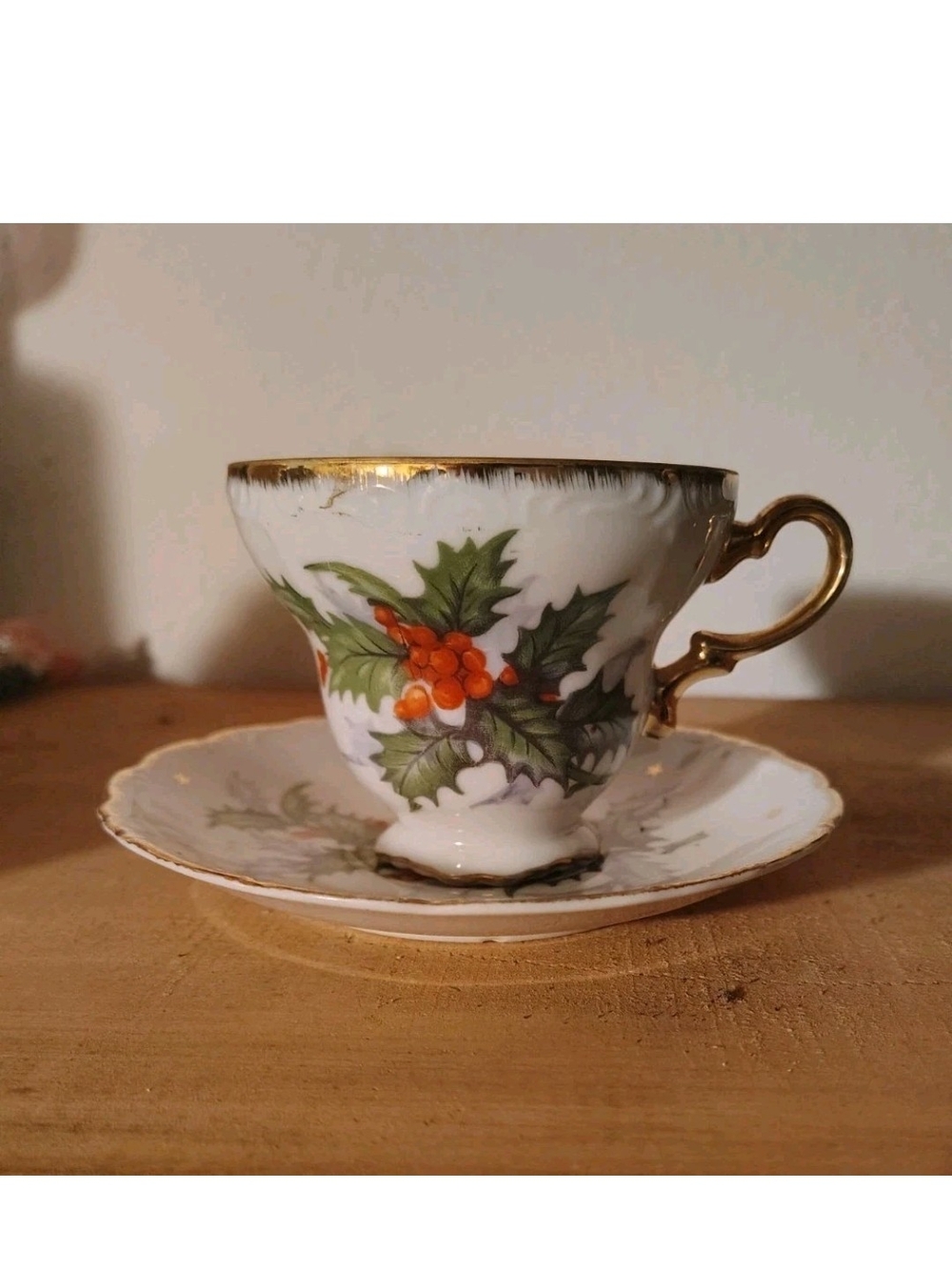 Holiday Holly Teacup & Saucer Set - White with Green & Red Accents